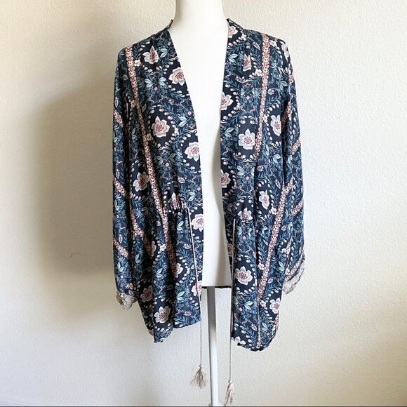 FLINT & Moss Floral Front Tie Kimono Robe Top L - Picture 4 of 8